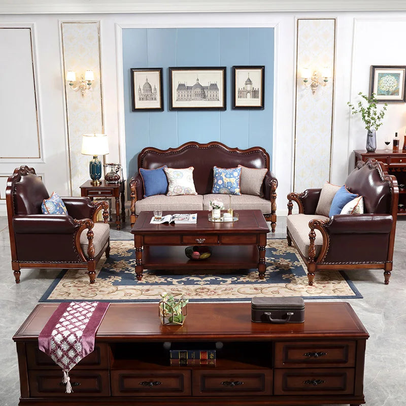American pastoral all-solid wood sofa, European living room leather sofa, small household, coffee table type, combined light