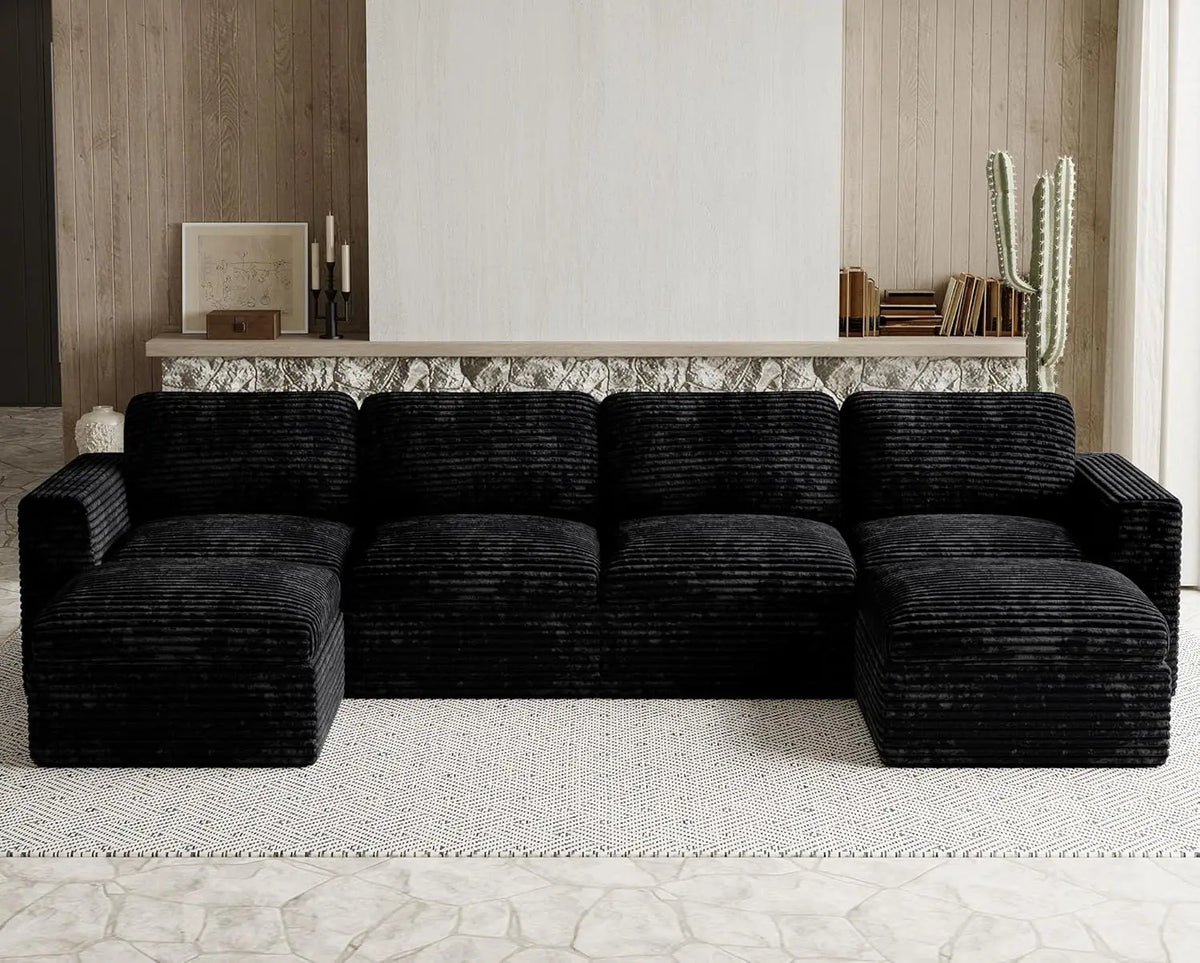 Cloud Sectional Couches for Living Room Plush Corduroy U Shaped Boneless Modular Sectional Sofa with Deep Seat. Black Couch