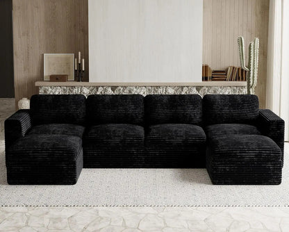 Cloud Sectional Couches for Living Room Plush Corduroy U Shaped Boneless Modular Sectional Sofa with Deep Seat. Black Couch