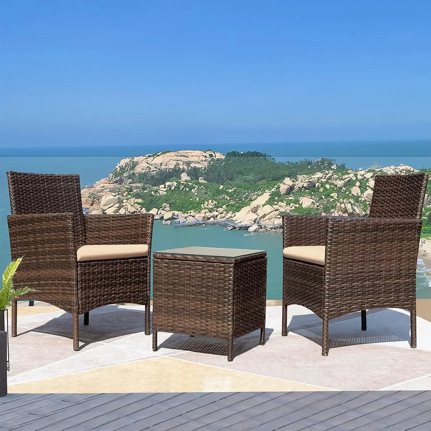 3 Pieces Patio Furniture Sets Outdoor PE Rattan Wicker Chairs with Soft Cushion and Glass Coffee Table for Garden Backyard