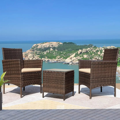 3 Pieces Patio Furniture Sets Outdoor PE Rattan Wicker Chairs with Soft Cushion and Glass Coffee Table for Garden Backyard