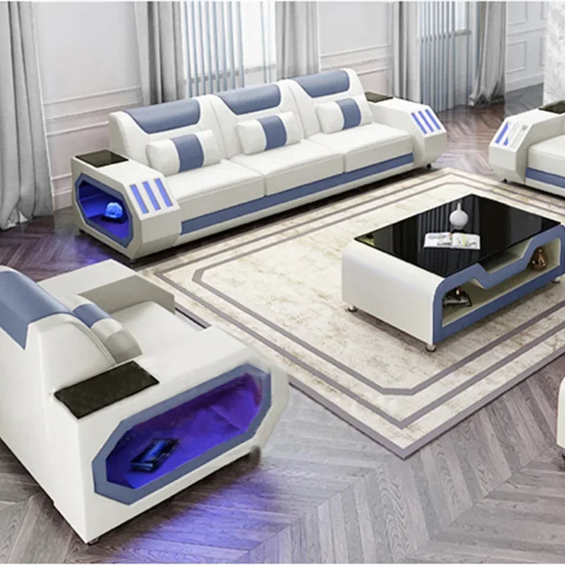 For 2022 High Quality Modern Luxury smart Leather Sectional Sofa Chairs Set Couch Living Room furniture Sofas With Led