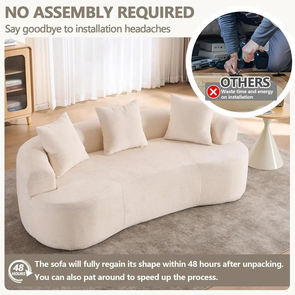 67” Beige Curved Loveseat Soa, Luxury Plush Chenille Curved Couch with 3 Throw Pillows & Extra Wide Armrests, Comy Upholstered O