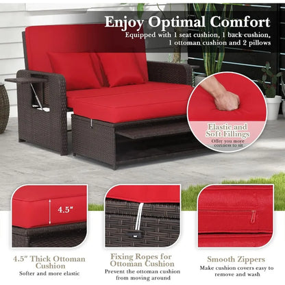 Tangkula Patio Rattan Daybed for Outdoor Relaxation with Multipurpose Ottoman and Retractable Side Tray 4Level Adjustable Backr