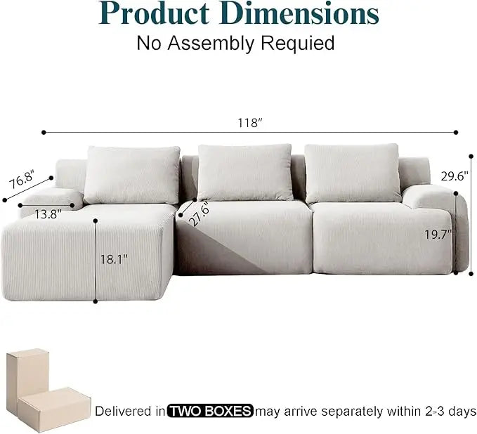 Boneless Luxury Couches for Living Room – Modular Sectional with Plush Corduroy Upholstery, Convertible Oversized No Assembly