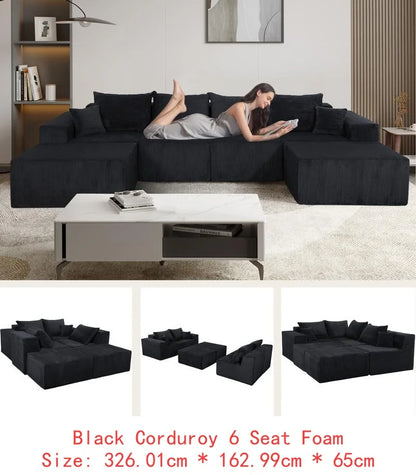 Modular U-Shaped Sectional Sofa in Black, Convertible Oversized Couch with Chaise Lounge, No Assembly Required, Soft Corduroy