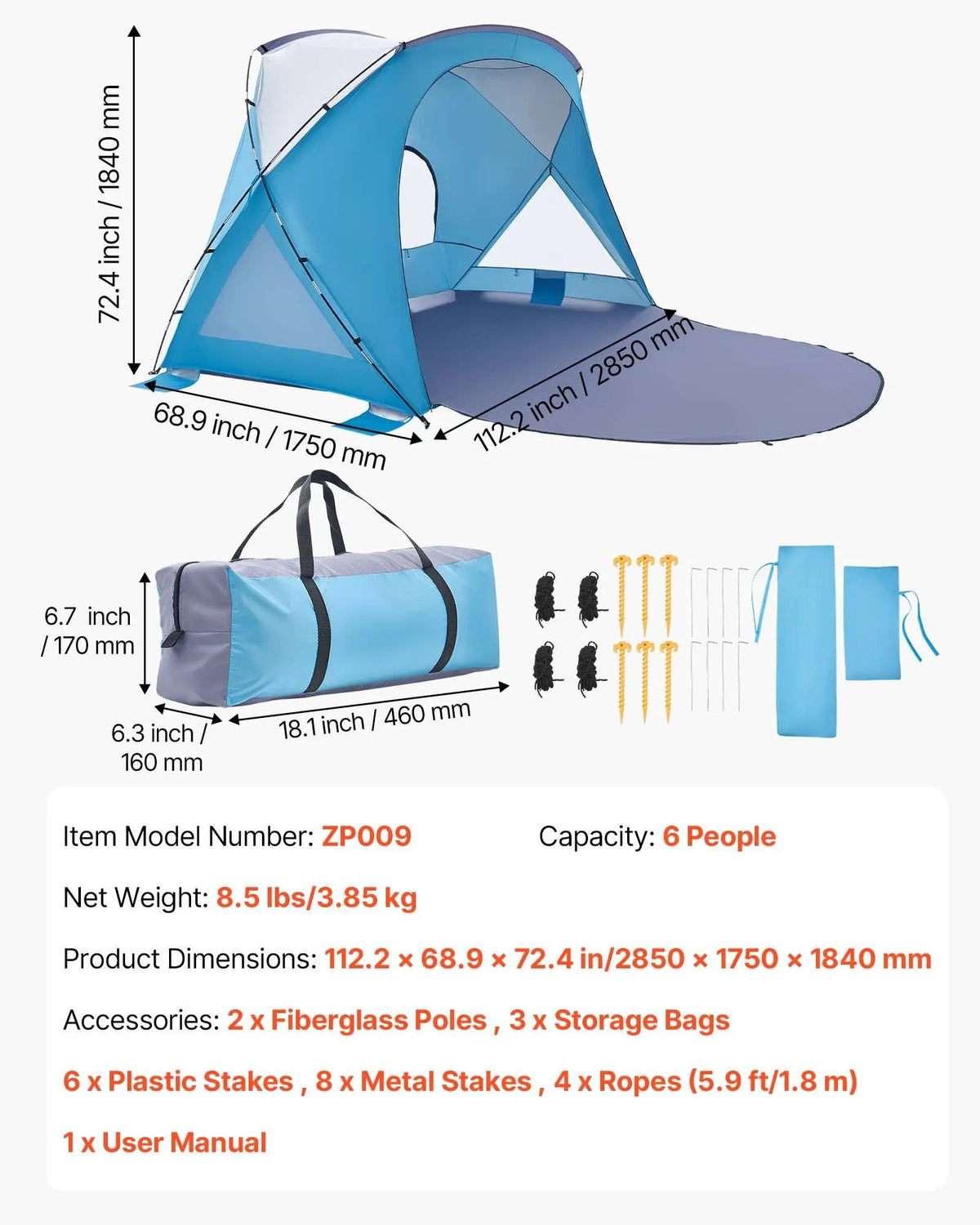 Beach Tent Sun Shelter for 6 Person, UPF 50+ Protection, Portable Sun Shade Canopy with Carrying Bag & Sand Pockets,