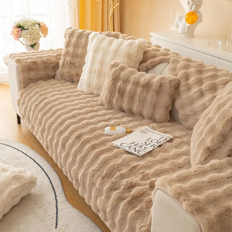 1pc Imitation Rabbit Plush Sofa Cover Winter Warm Thick Plush Soft Sofa Slipcover Pet Favorite Non-slip Protective Couch Cover