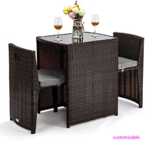3 PCS Wicker Outdoor Patio Bistro Set, Patio Furniture Set for Small Space with Glass Top Table Dining Chairs