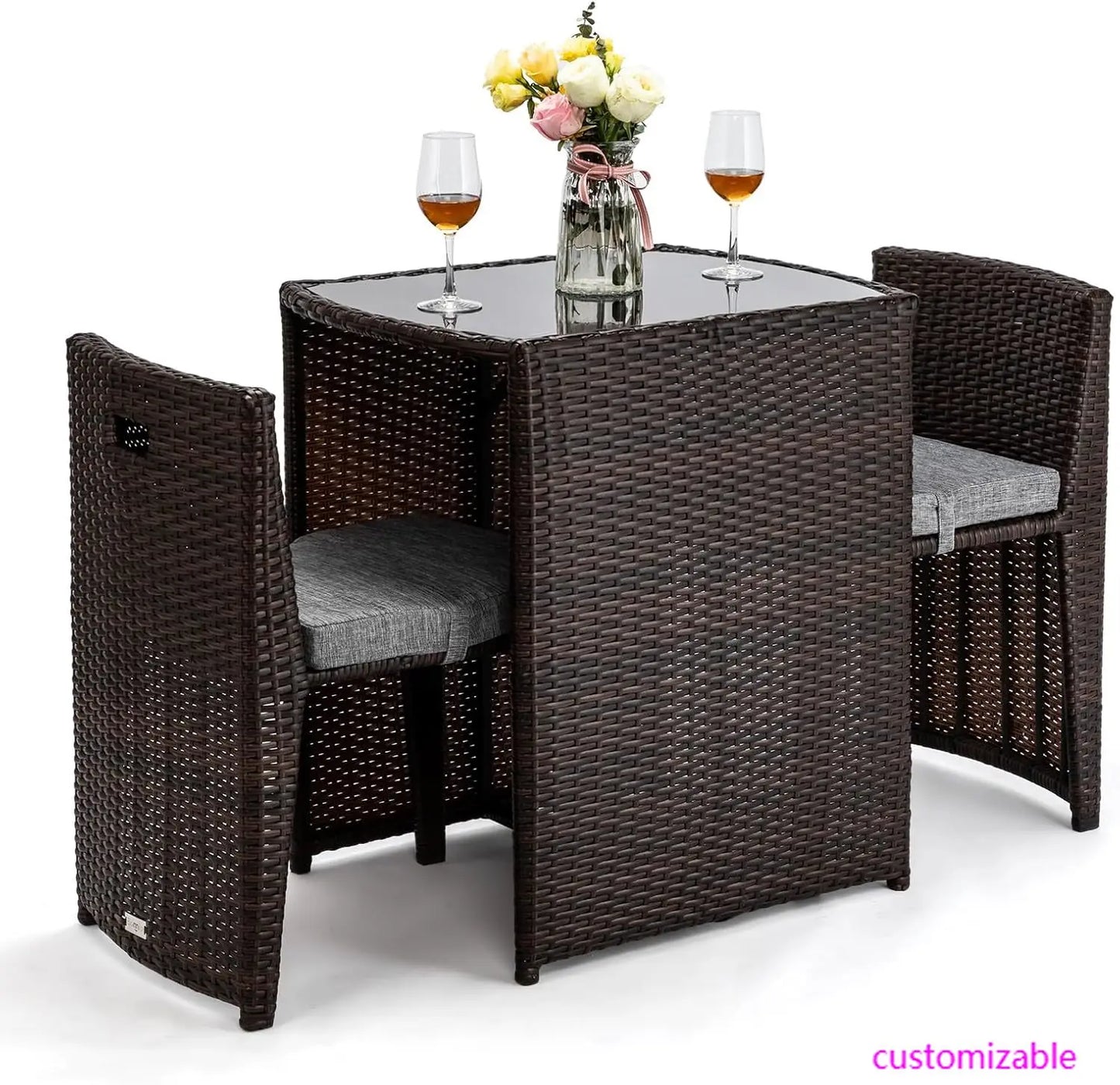 3 PCS Wicker Outdoor Patio Bistro Set, Patio Furniture Set for Small Space with Glass Top Table Dining Chairs