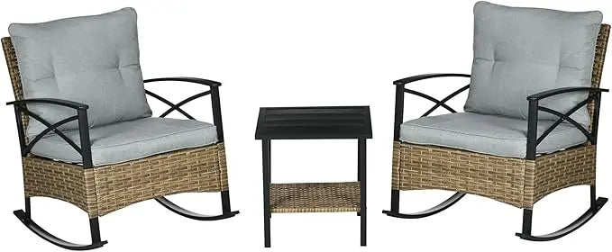 Outdoor Wicker 3-Piece Patio Rocking Chair Set with Cushioned Rockers and 2-Tier Coffee Table for Garden Use