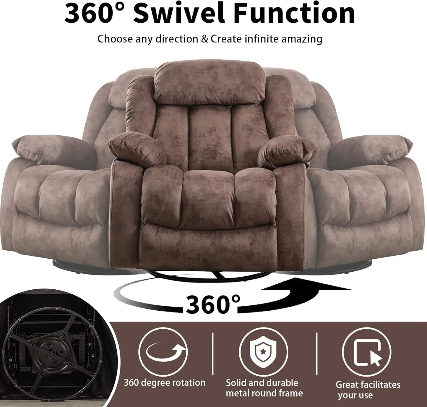 Massage Rocker Recliner with Heat and Vibration, 360 Degree Swivel Manual Antiskid Fabric Single Sofa Heavy Duty Reclining Chair