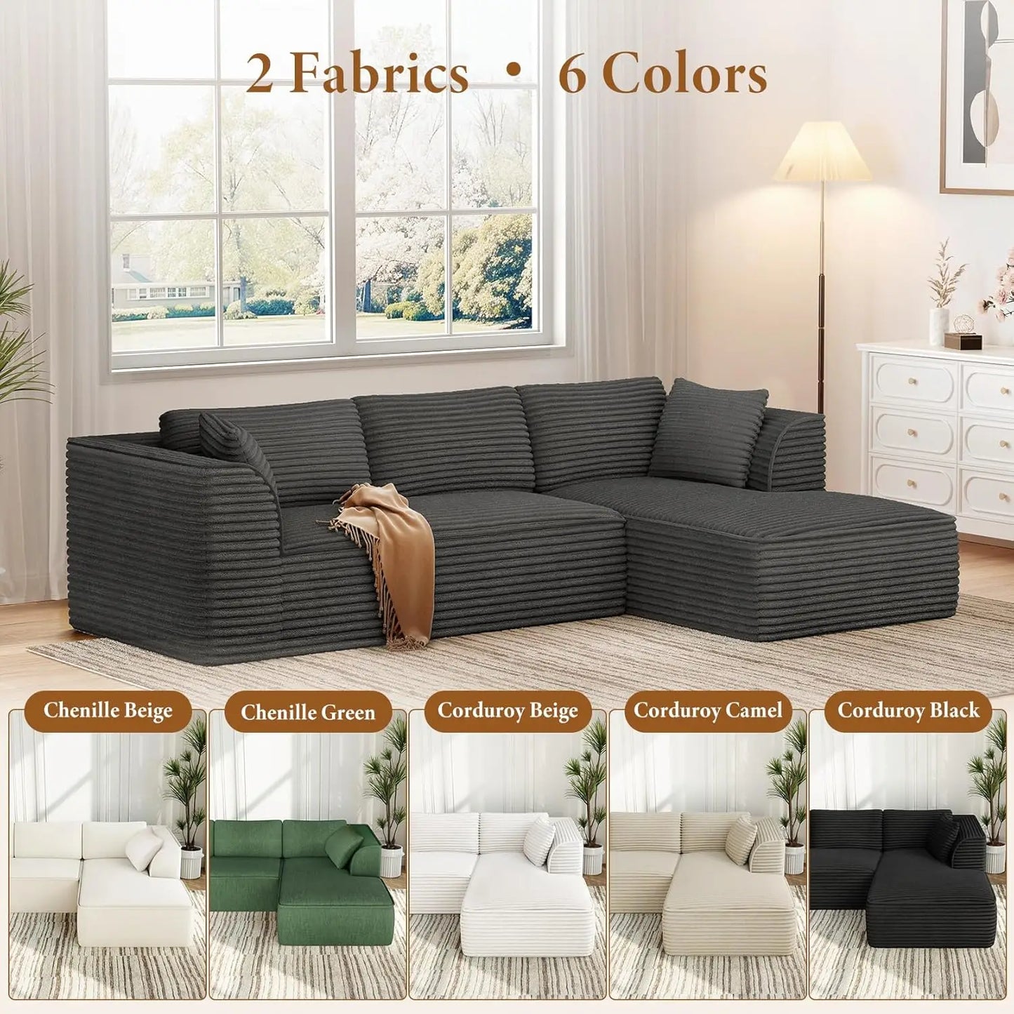 106" Cloud Couch with Chaise, Deep Seat Fluffy Modular Sectional Sofa Corduroy Memory Foam Boneless Couches for Living Room