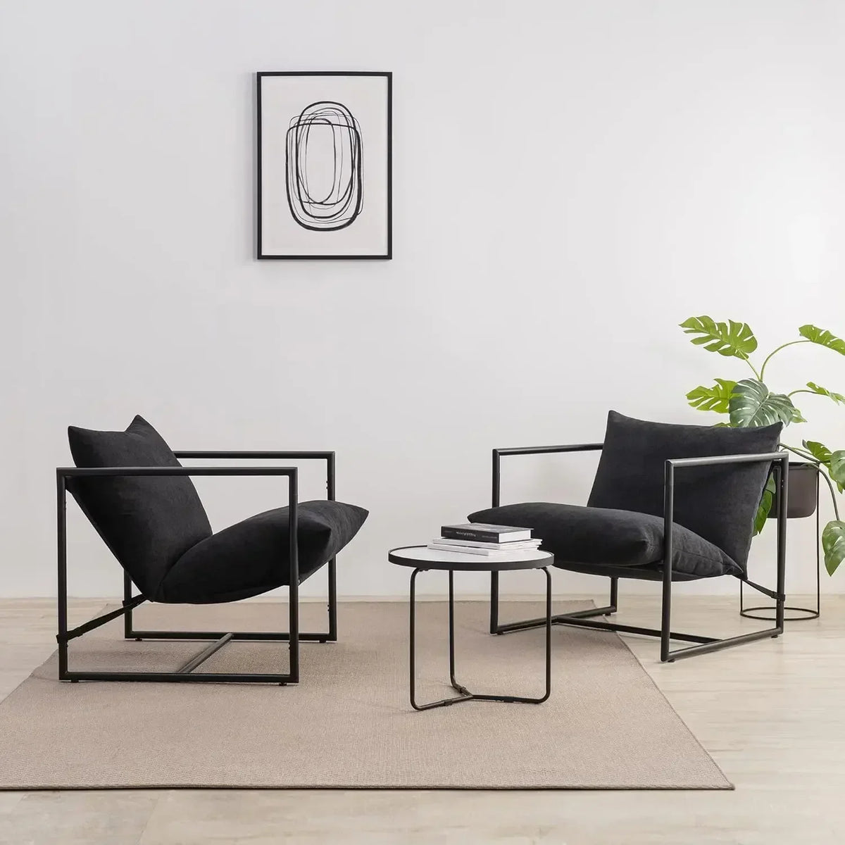 New2025-Aidan Sling Accent Chair, Metal Framed Armchair with Shredded Foam Cushioning, Black