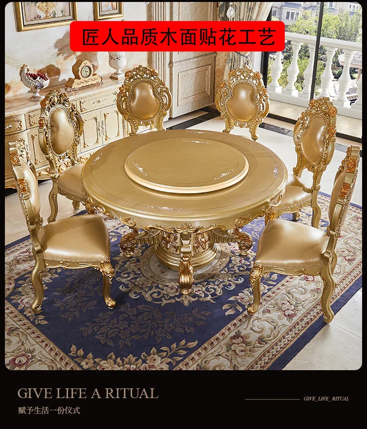 European dining table and chair combination glass surface classical luxury solid wood carving flower round table with turntable