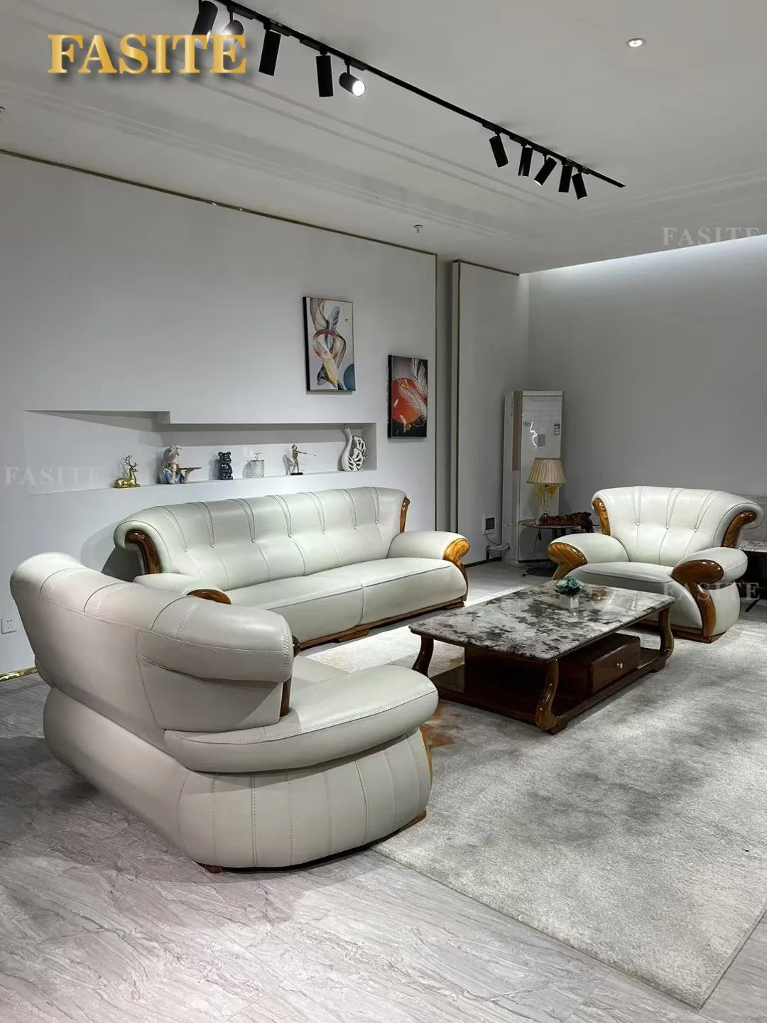 Ebony leather sofa modern light luxury high-end living room villa first layer cowhide solid wood new Chinese-style small