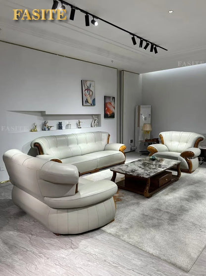 Ebony leather sofa modern light luxury high-end living room villa first layer cowhide solid wood new Chinese-style small
