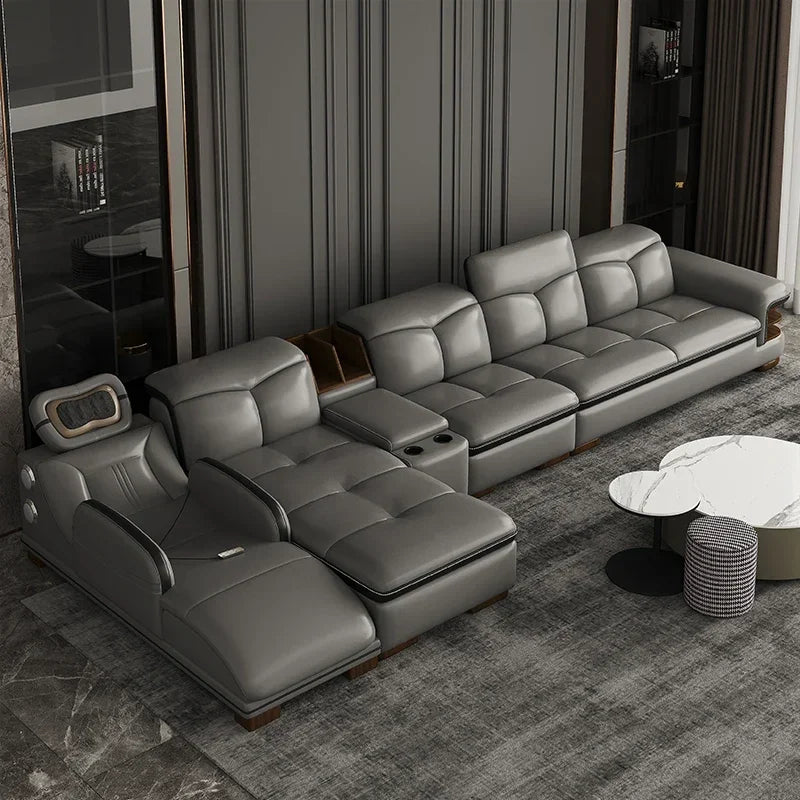 Premium Smart leather sofa massage for left and right noblewomen, cowhide solid wood living room corner small unit
