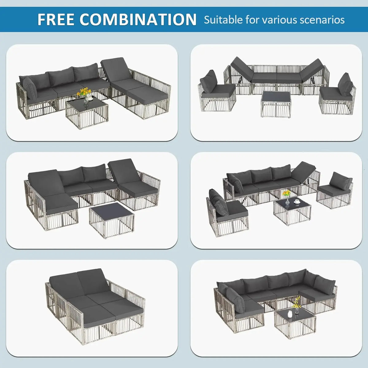 7 Pieces Outdoor Patio Furniture Set, Wicker Outdoor Sectional Conversation Couch Set with Adjustable Backrest Sofa