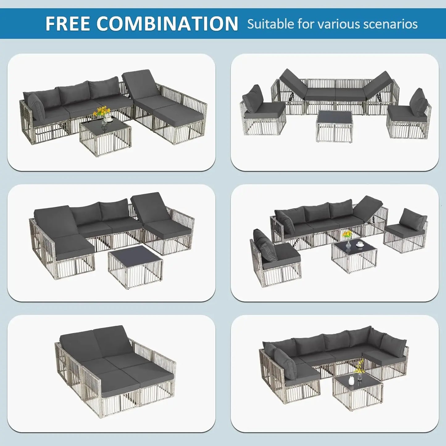 7 Pieces Outdoor Patio Furniture Set, Wicker Outdoor Sectional Conversation Couch Set with Adjustable Backrest Sofa