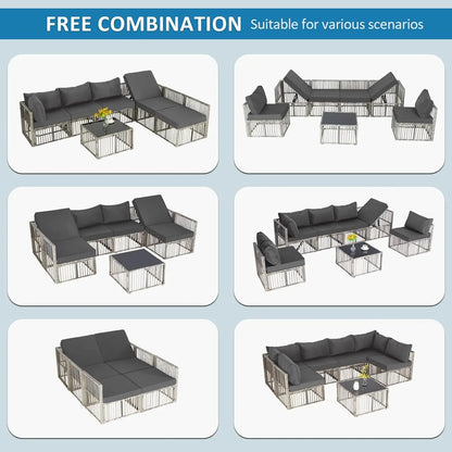 7 Pieces Outdoor Patio Furniture Set, Wicker Outdoor Sectional Conversation Couch Set with Adjustable Backrest Sofa