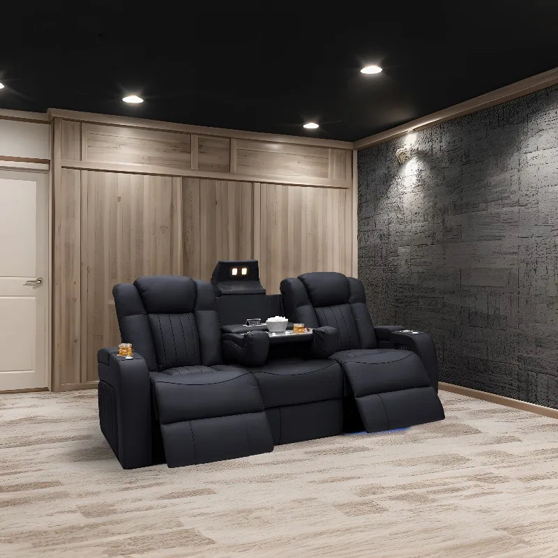3 Seat Adjustable USB Charger Leather Recliner Sofa Home Theater Furniture with Blu-etooth for VIP Movie Room