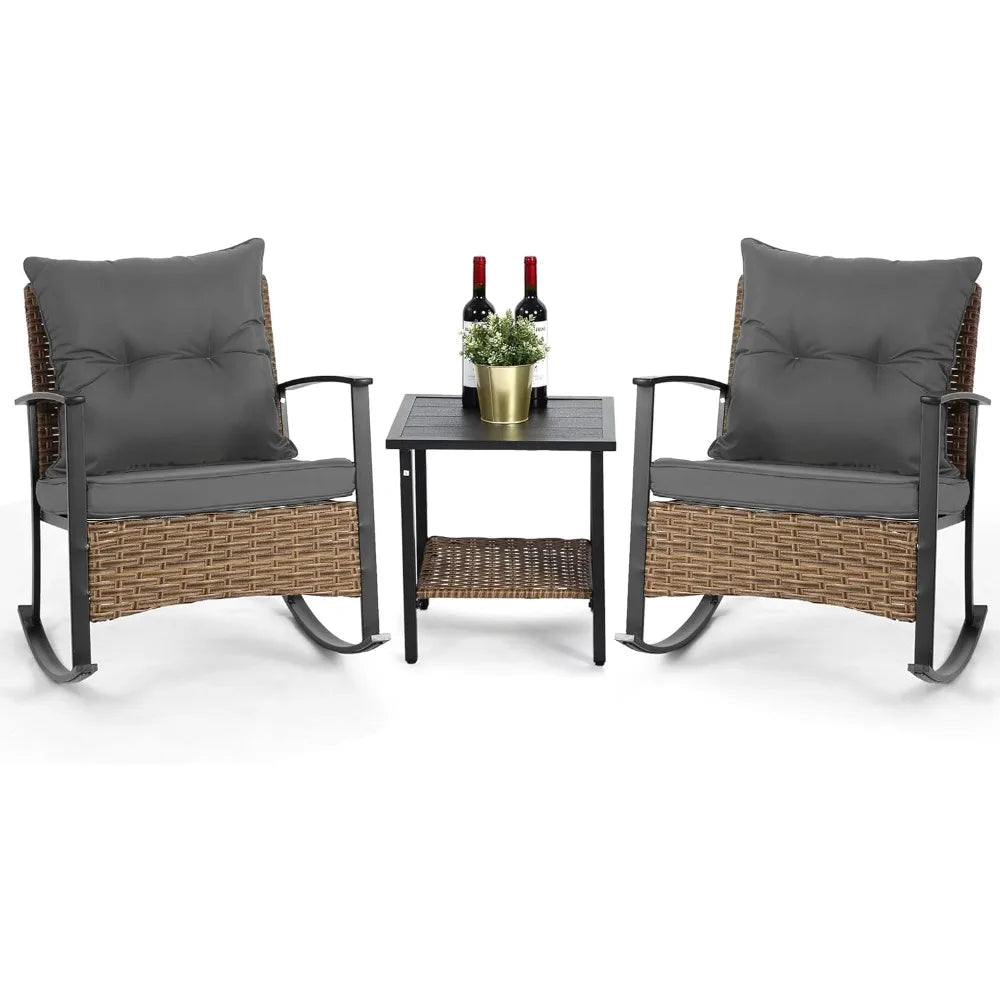 Wicker Rocking Chairs for Outdoors 3 Piece, Patio Rocking Chairs Set of 2, Patio Furniture Set, Small Outdoor Set for Porch, Poo