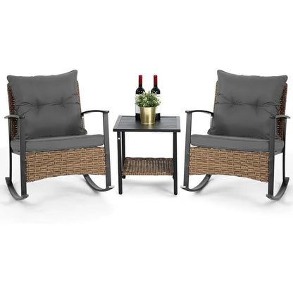 Wicker Rocking Chairs for Outdoors 3 Piece, Patio Rocking Chairs Set of 2, Patio Furniture Set, Small Outdoor Set for Porch, Poo