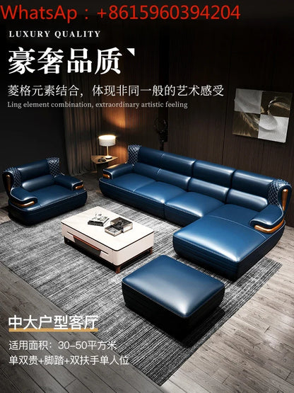 The first layer leather sofa high-grade villa solid wood high-end living room modern simple apartment blue Nordic style custom
