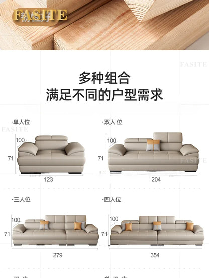Nordic leather sofa with cowhide top layer, simple modern size, living room, Italian minimalist cream style leather sofa