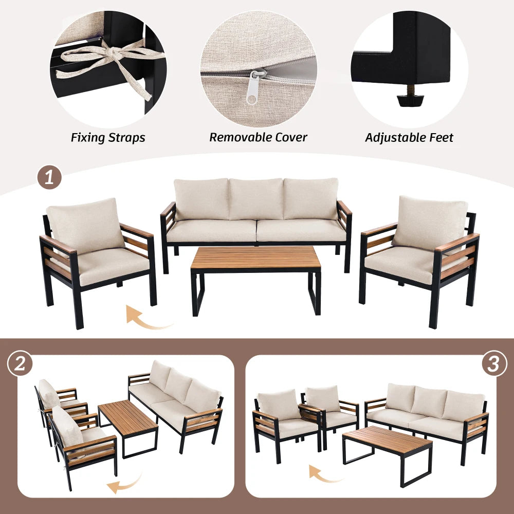 GO 4-Piece Outdoor Furniture Sofa Set for 5 People with Acacia Wood Armrests Patio Conversation Set with Removable Cushion