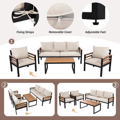 GO 4-Piece Outdoor Furniture Sofa Set for 5 People with Acacia Wood Armrests Patio Conversation Set with Removable Cushion