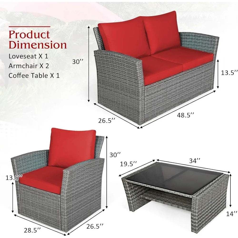 4 Pieces Patio Rattan Furniture Set, Outdoor Wicker Sofa Set with Tempered Glass Coffee Table, Cushions, All Weather Rattan Con