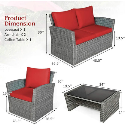 4 Pieces Patio Rattan Furniture Set, Outdoor Wicker Sofa Set with Tempered Glass Coffee Table, Cushions, All Weather Rattan Con