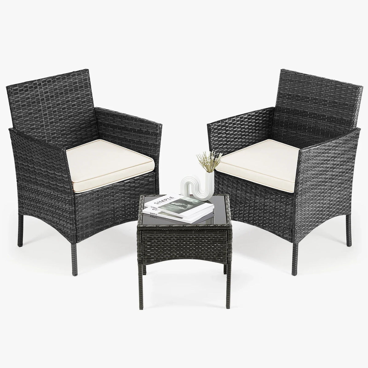 Best-Selling Outdoor Patio Furniture Set 3 Pieces with Soft Cushion and Glass Table Manual Weaving Wicker Rattan Patio Chairs