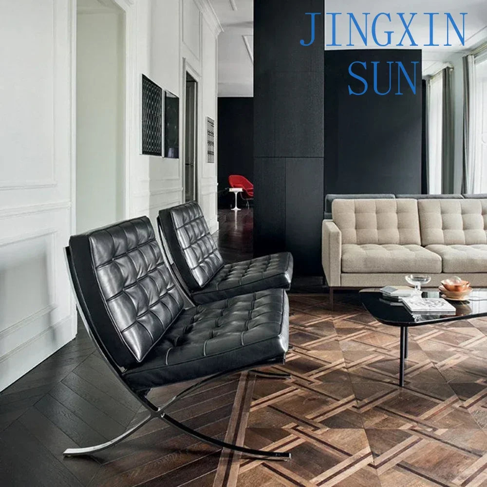 High-end Modern Single Black Accetnt Leather Silla Barcelona Chair Lazy Leisure Lounge Chair Cushion Metal  Creativity