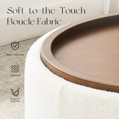 30 Inch Round Storage Ottoman Coffee Table, Modern Boucle with Lift-Off Lid & Solid Wood Legs, Beige