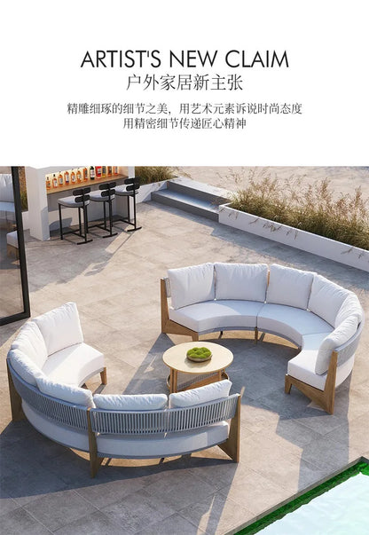 Outdoor sofa teak rattan furniture outdoor courtyard balcony garden waterproof sun protection circular arc solid wood sofa