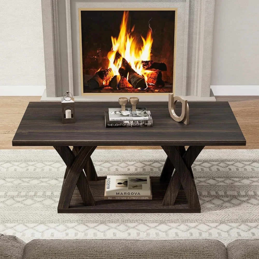 Shelf-Included Farmhouse Coffee Table, Wooden Living Room Table with Open Display, 47 Inch Dark Brown