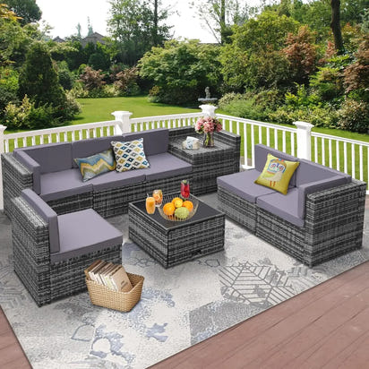 8 Pieces Outdoor Wicker Rattan Patio Furniture Sectional Set, Glass Top Table with Hidden Storage