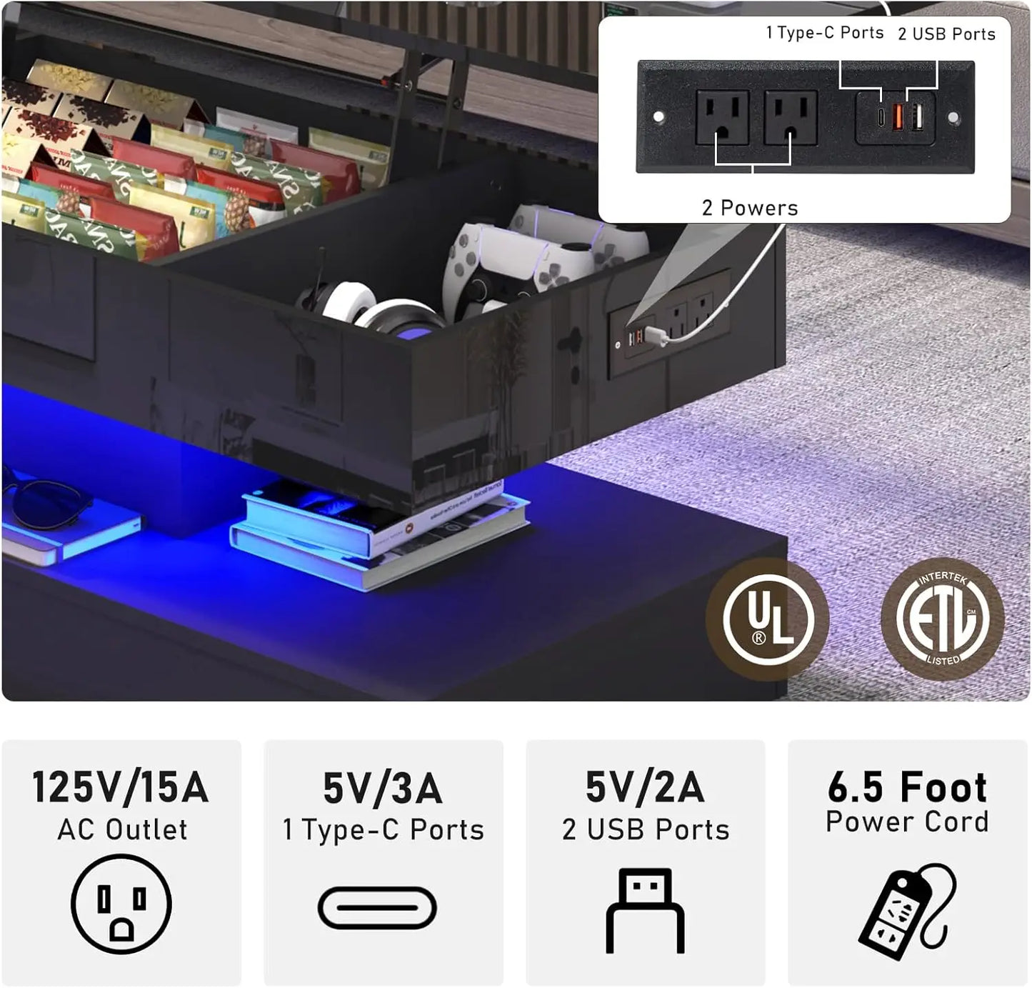 47.2' Lift Top Coffee Table, Modern LED Storage Table, Black for Living Room, Dining Room, Bedroom, Home Office