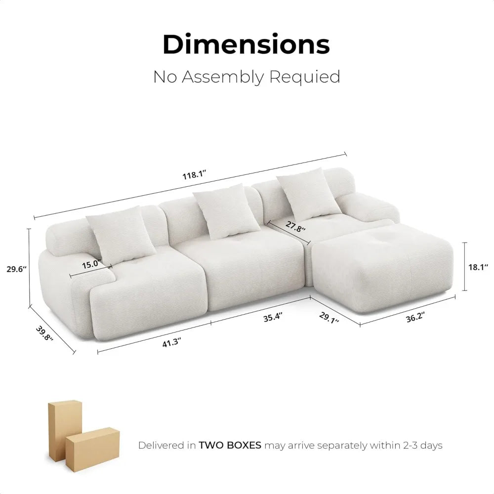 118" Modern L-Shaped Modular Sectional Sofa for Living Room, Upholstery Beige, Oversized 3-Seater Couch with Deep Seat
