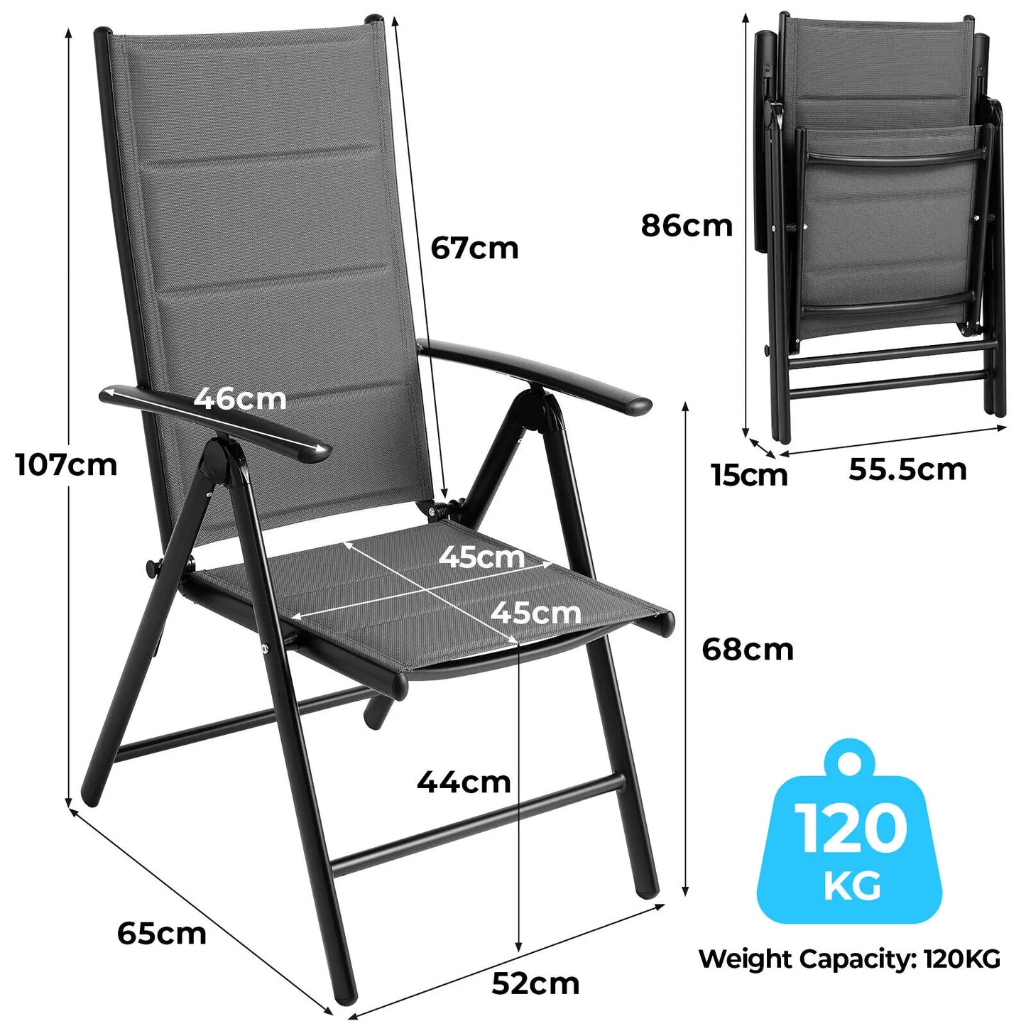 Aluminum Foldable Garden Chair, Lounge Backrest 7 Adjustable Settings, with Armrests, Weatherproof Outdoor Chairs Black,Gray