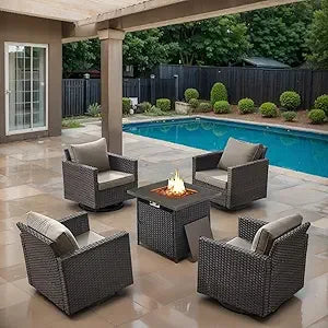 Outdoor Swivel Rocker Chairs Set of 4 with Fire Pit Table - 5 Peice Wicker Patio Furniture Set Conversation Set with 50,000 BTU