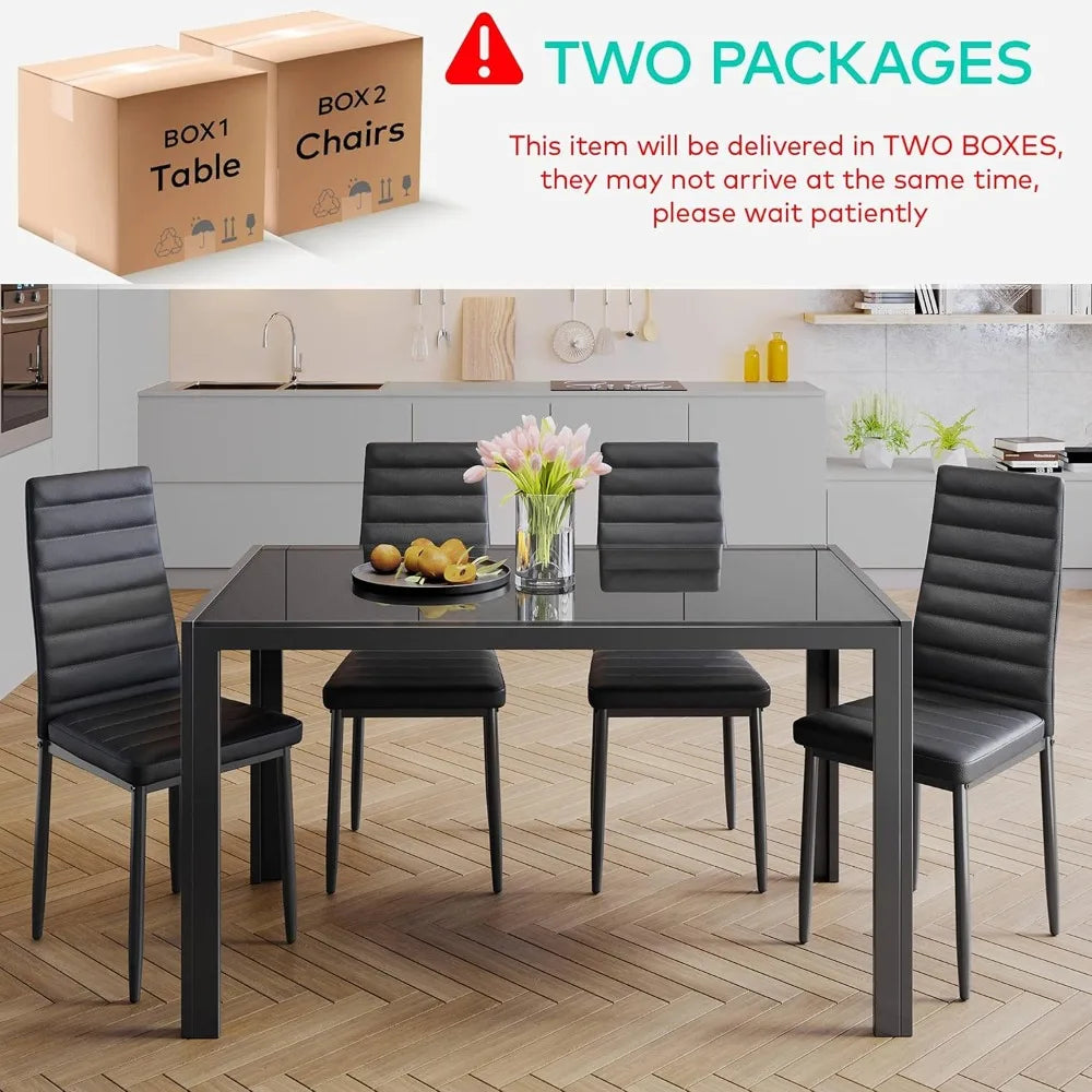 5-Piece Glass Dining Table Set with PU Leather Chairs for 4, Modern Kitchen Living Room Furniture