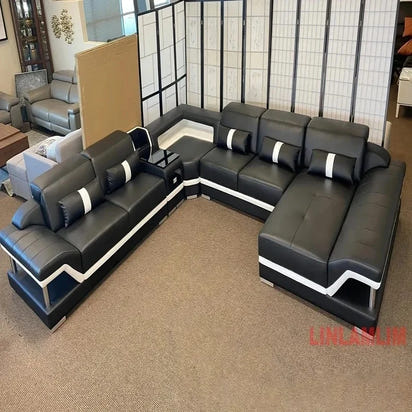 Minimalist Leather Sectional Sofa Set with Storage, Glass Coffee Table & TV Stand for Living Room