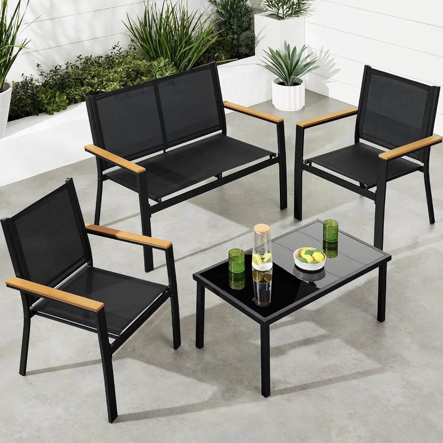 4-Piece Outdoor Textilene Patio Conversation Set, Backyard Furniture w/Loveseat, Coffee Table, Steel Frame - Black/Black