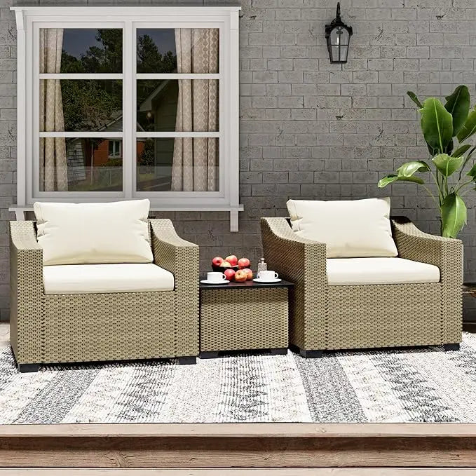 Patio Conversation Set Rattan Outdoor Sectional Furniture Sofa Set Wicker Couch with Coffee Table and Cushions for Poolside, Bac