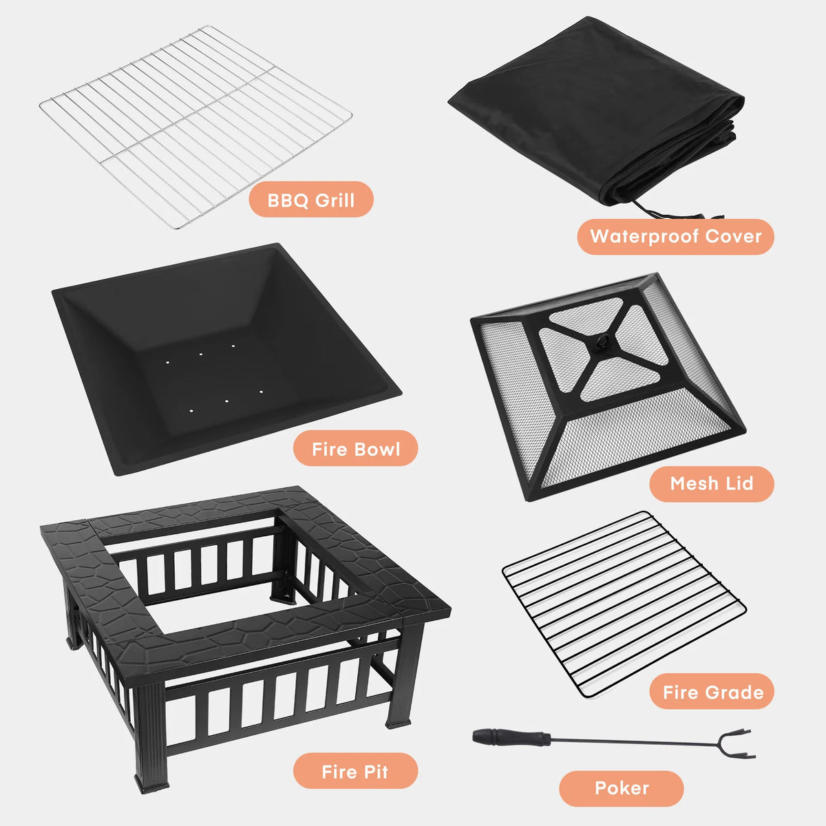 AOOU Steel Fire Pits for Outside, 32'' Square Wood Burning Fire Pit Table, Outdoor Patio BBQ Firepit Bonfire Party