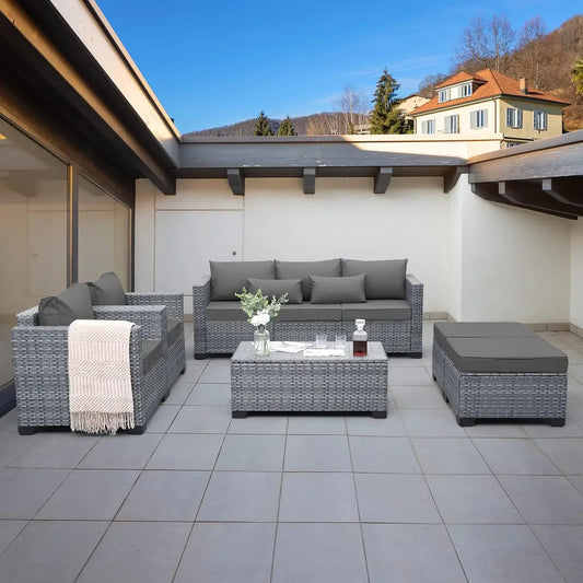 6 Pieces Wicker Patio Furniture Sets  PE Rattan Sectional Sofa Couch Storage Table and Grey Cushions